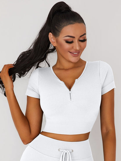 Knitted Chest Zipper Yoga Short Sleeves