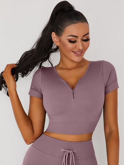 Knitted Chest Zipper Yoga Short Sleeves