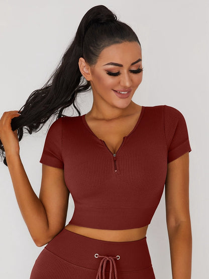 Knitted Chest Zipper Yoga Short Sleeves