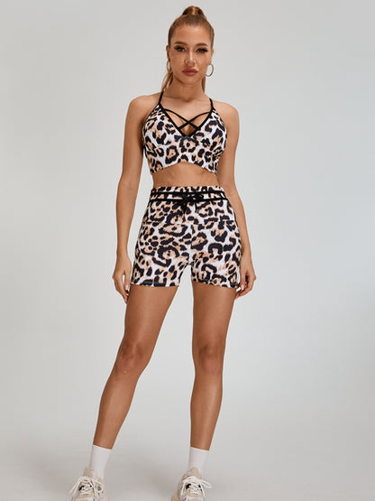 Leopard Print Cross Back Scrunch Bum Short Tracksuit