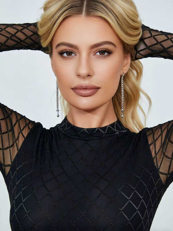 Sexy Mesh Grid Long Sleeve Slim Bodysuit