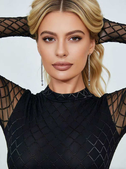 Sexy Mesh Grid Long Sleeve Slim Bodysuit