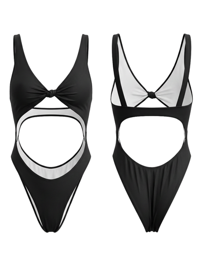 Black Front Knot Cutout Wide Strap High Cut One Piece