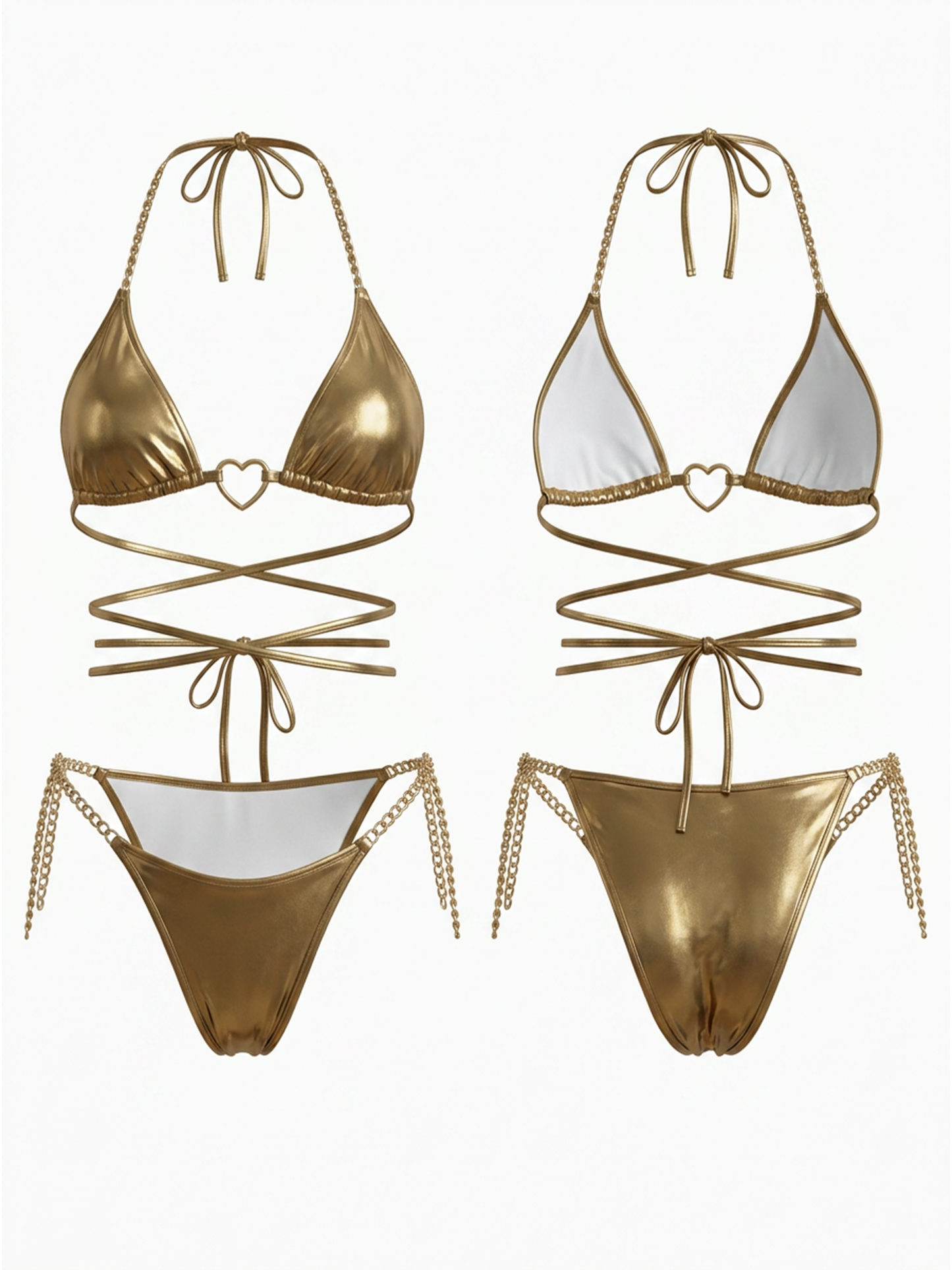 Metallic Gold Bikini with Heart Buckle & Chain Straps