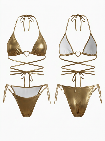 Metallic Gold Bikini with Heart Buckle & Chain Straps