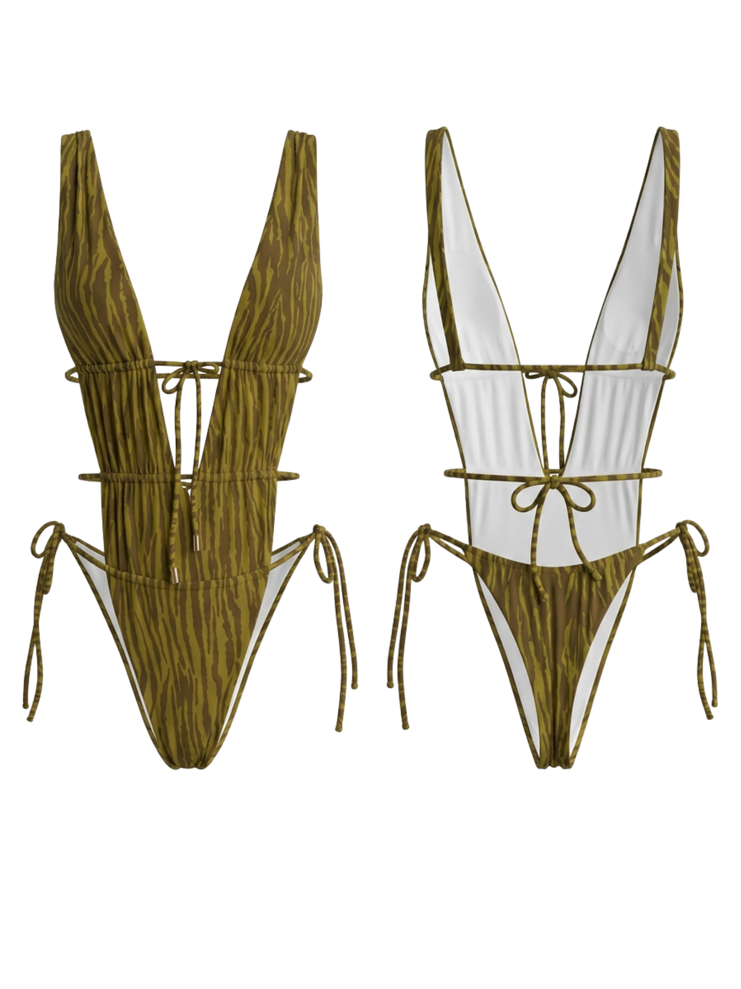 Olive Green Tiger Print Deep V Cutout Tie-Side One-Piece