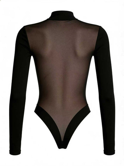 Sexy Deep V See-Through Mesh Patchwork Long Sleeve Bodysuit