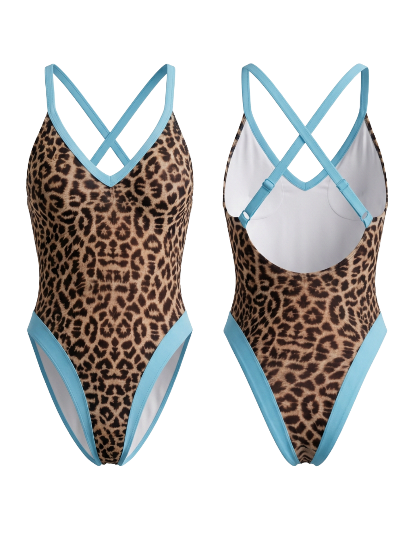 Leopard Print One-Piece Swimsuit with Turquoise Trim