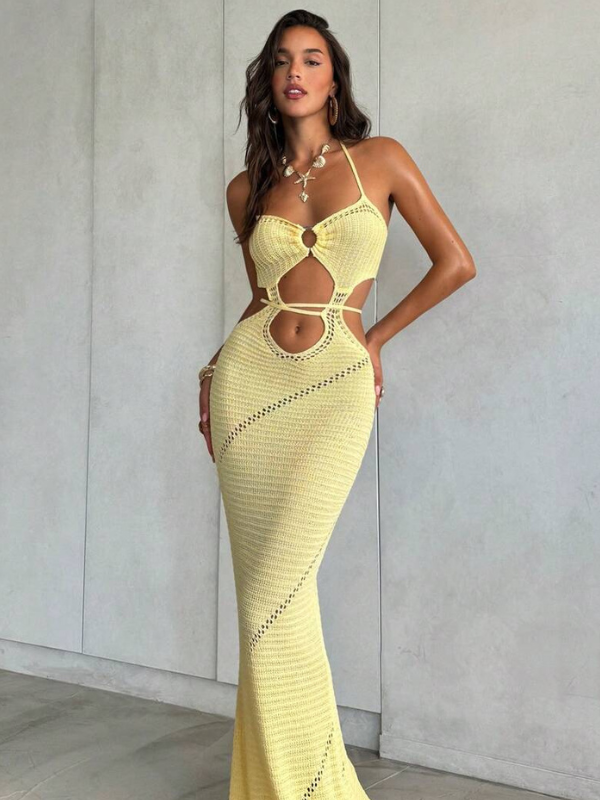 Vacation Style Sexy Knitted Halter Hollow-out Cut-out Bodycon Dress