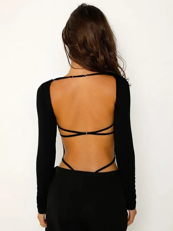 Long Sleeve Cross Tie Backless Sexy Bodysuit