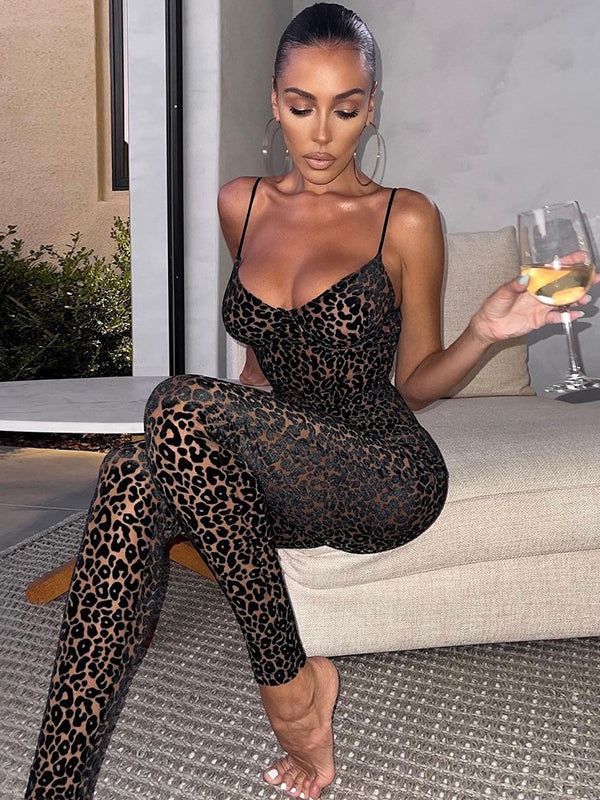 sexy deep V Leopard Print Jumpsuit