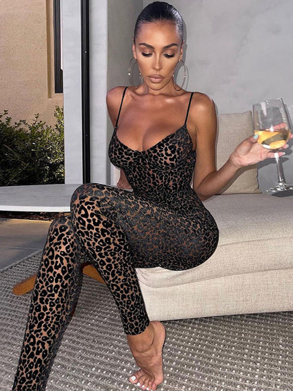 sexy deep V Leopard Print Jumpsuit