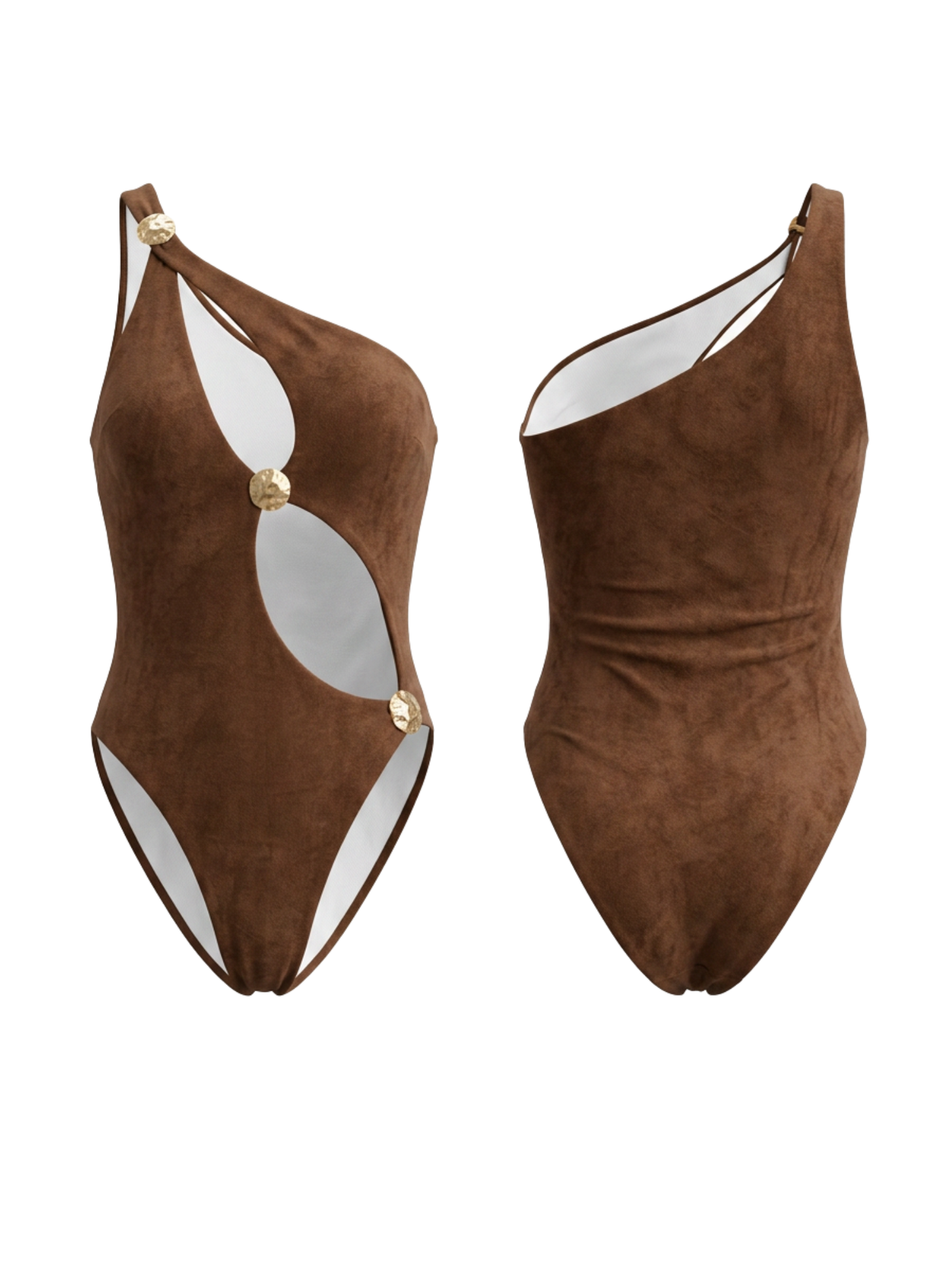 Brown One-Shoulder Cutout with Gold Buttons One-Piece