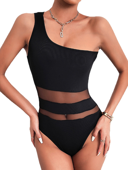 Sexy Fitted Mesh Sleeveless One-Shoulder Bodysuit