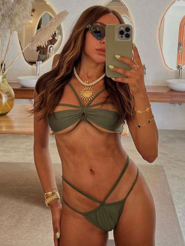 Mesh Spliced Halter Cutout Front Bikini