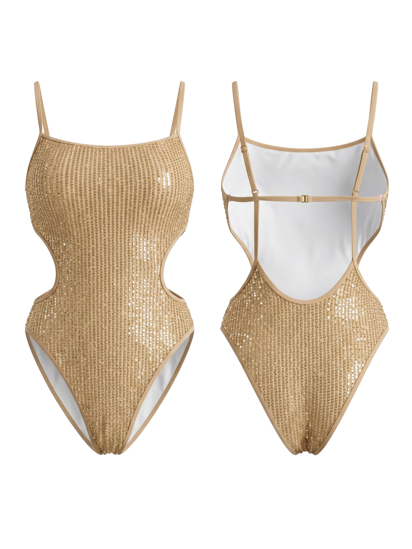 Gold Sequin Square Neck Side Cutout One-Piece