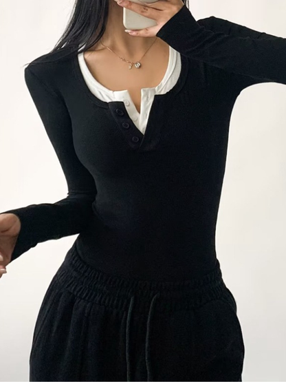 Color-Block V-Neck Ribbed Fashion Bodysuit