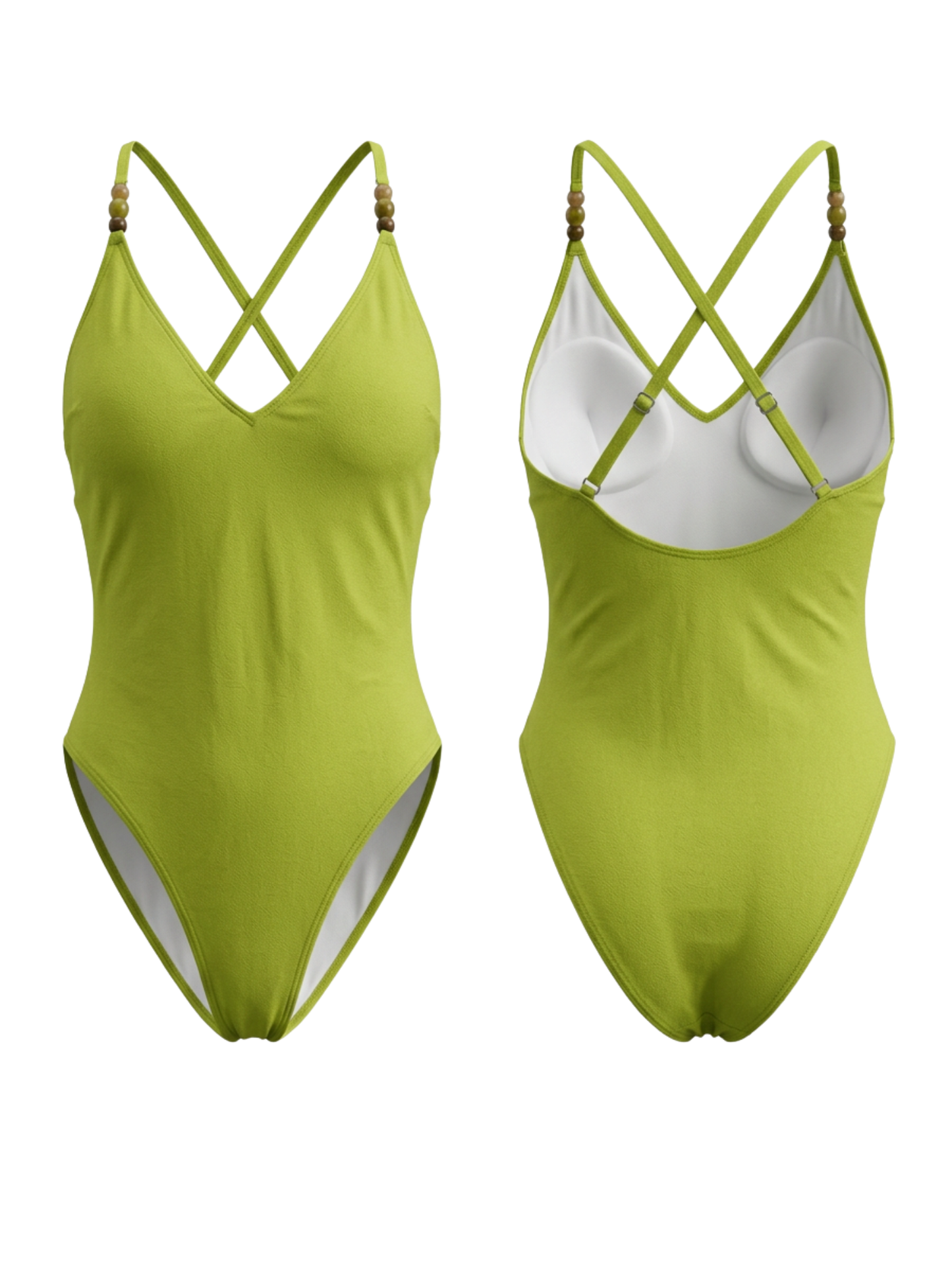 Shiny Avocado Green Beaded Strap Cross-Back One-Piece