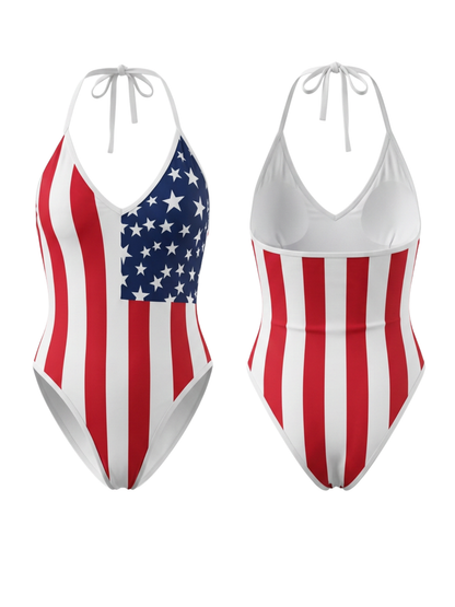 American Flag Print Halter Deep V One-Piece