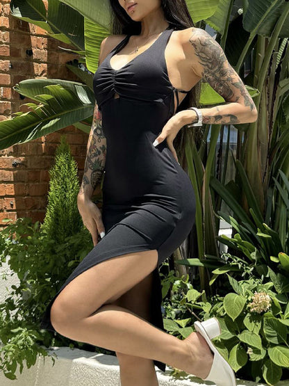 ZASUWA Damen Einfarbiges Kleid mit gekreuztem Rücken und ausgehöhltem Schlitz 