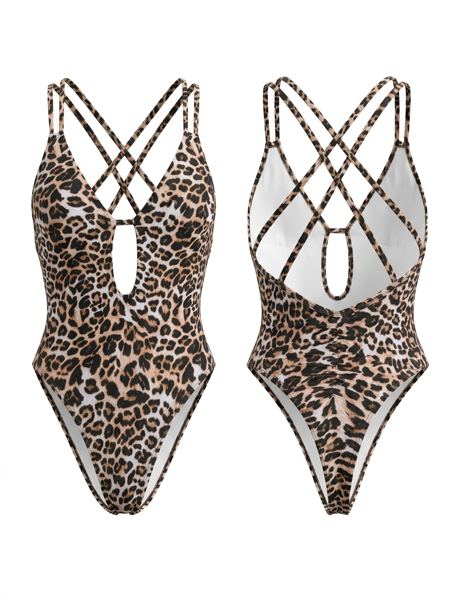 Leopard Print Front Cutout Cross-Back One-Piece
