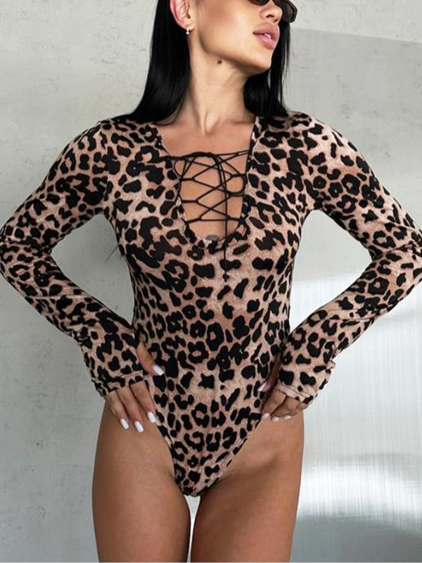 Drawstring V-Neck Trendy Leopard Print Long-Sleeve Bodysuits