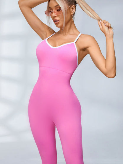 Contrast Color Cross Back Ribbed Jumpsuit