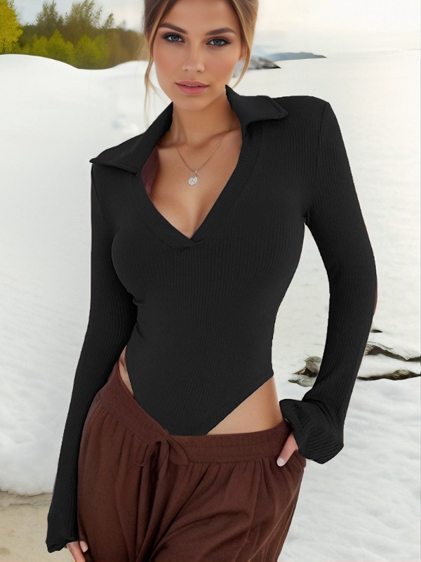 Sexy Trendy Slim-Fit Polo Collar Long-Sleeve Bodysuits