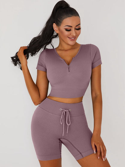 Knitted Chest Zipper Drawstring Ribbed Short Tracksuit