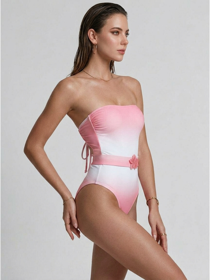 Pink-White Ombre Strapless One-Piece Swimsuit with Flower Accent
