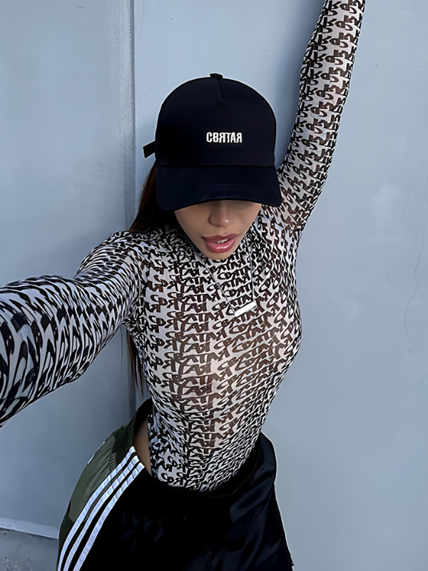 Sexy Printed Mesh Sheer Long Sleeve Slim Bodysuit