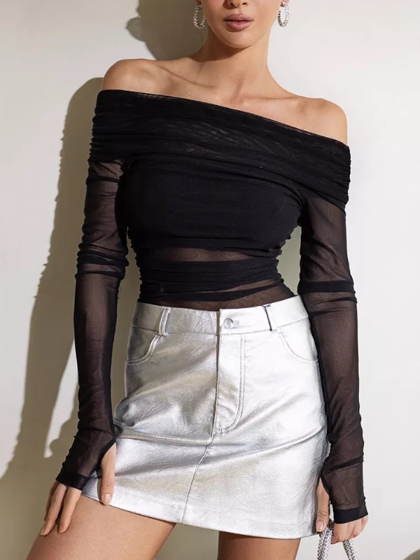 Sexy Strapless Sheer Mesh Long Sleeve Bodysuit
