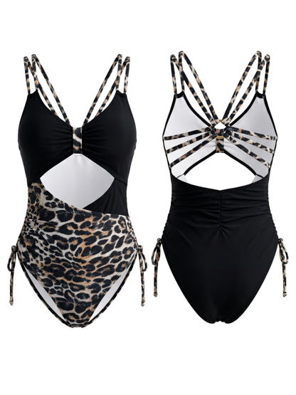 Black & Leopard Print Cutout Drawstring One-Piece