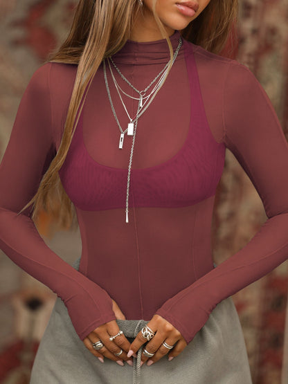 Sexy Sheer Mesh Not Including Inner Wear Long Sleeves