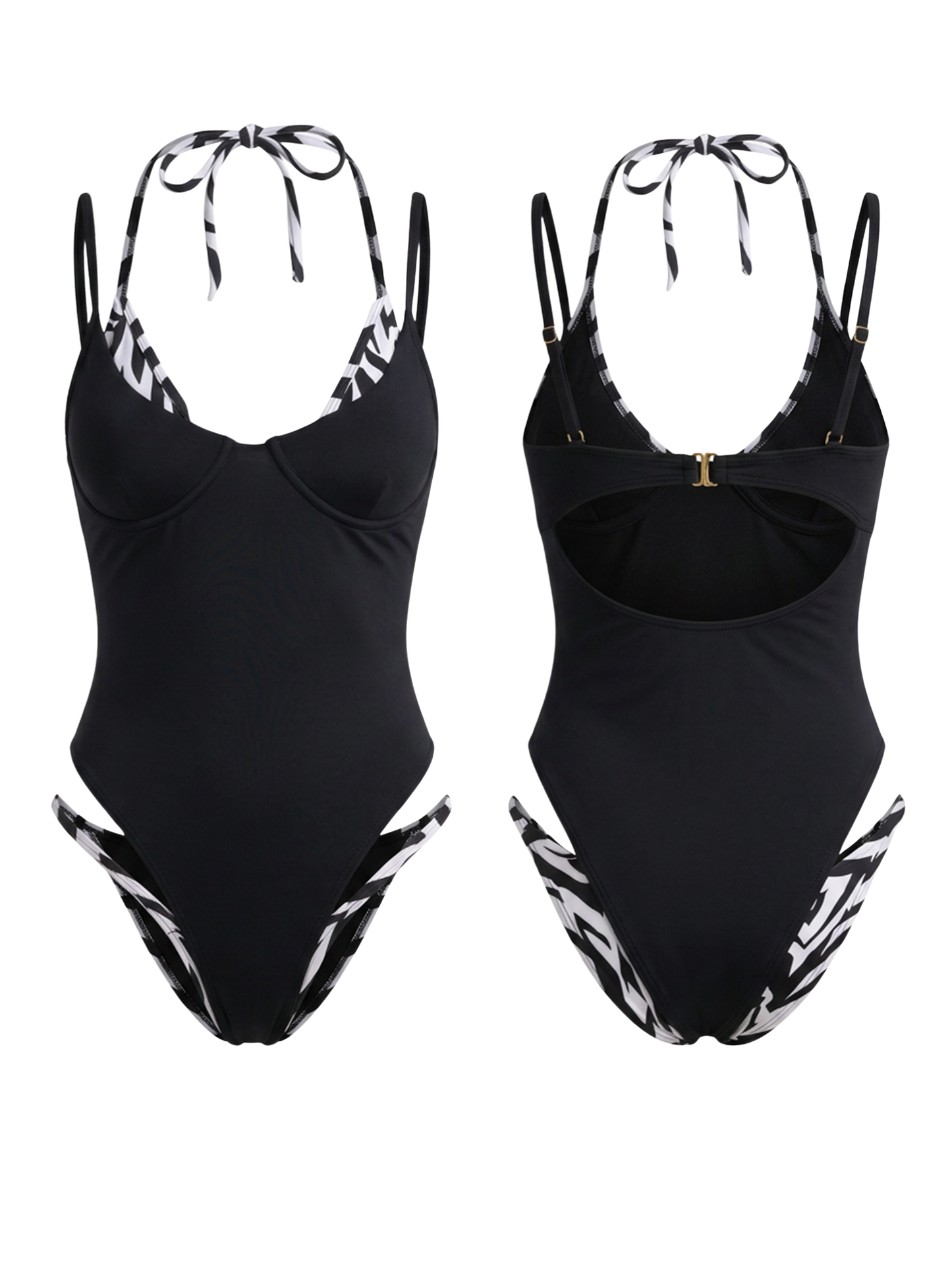 Black One-Piece Swimsuit with Zebra Print Straps & Underwire