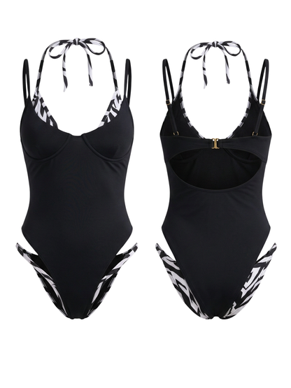 Black One-Piece Swimsuit with Zebra Print Straps & Underwire
