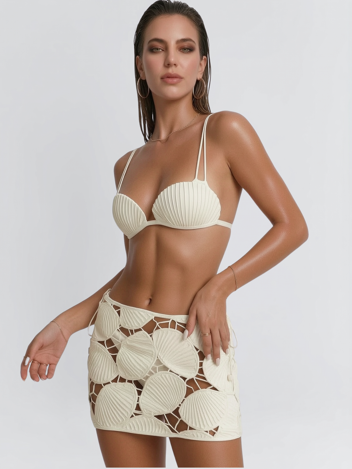 White Shell-Embossed Underwired Bikini with Mesh Cutout Skirt 3-Piece Set