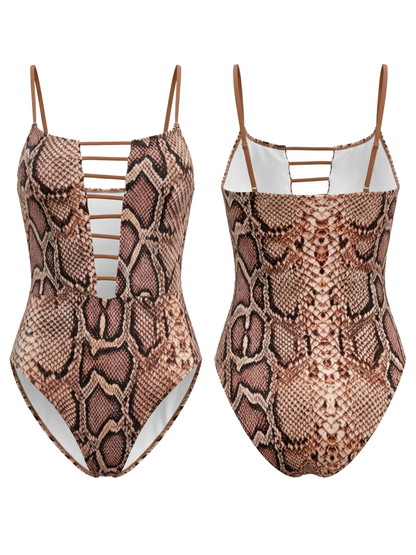 Snake Print Deep V Lattice Cutout One-Piece