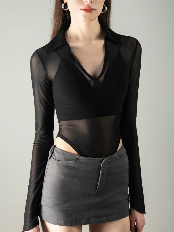 Sexy Mesh Panel Long Sleeve Bodycon Bodysuit
