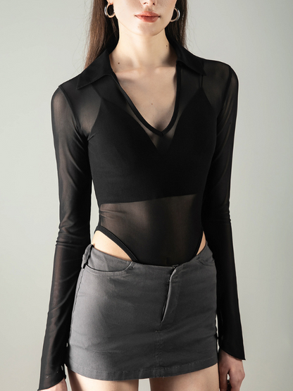 Sexy Mesh Panel Long Sleeve Bodycon Bodysuit
