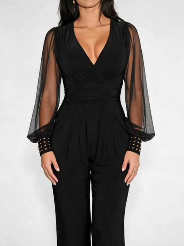 Fashion V-Neck Mesh Paneled Rivet Long-Sleeve Jumpsuit