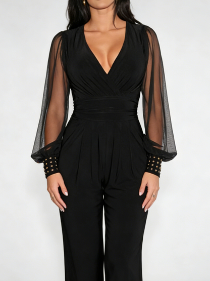 Fashion V-Neck Mesh Paneled Rivet Long-Sleeve Jumpsuit