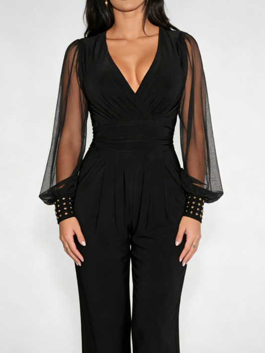 Fashion V-Neck Mesh Paneled Rivet Long-Sleeve Jumpsuit
