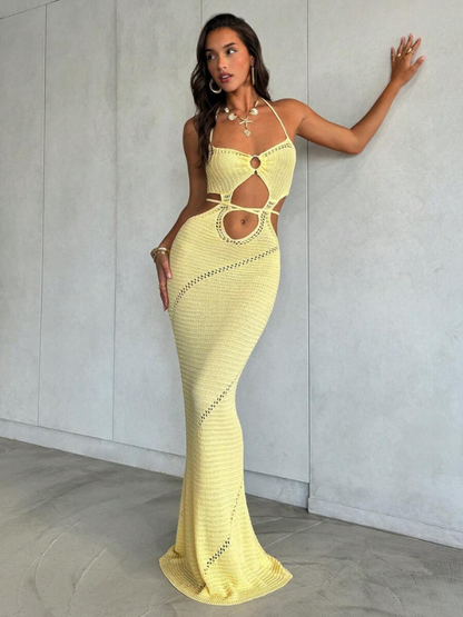 Vacation Style Sexy Knitted Halter Hollow-out Cut-out Bodycon Dress