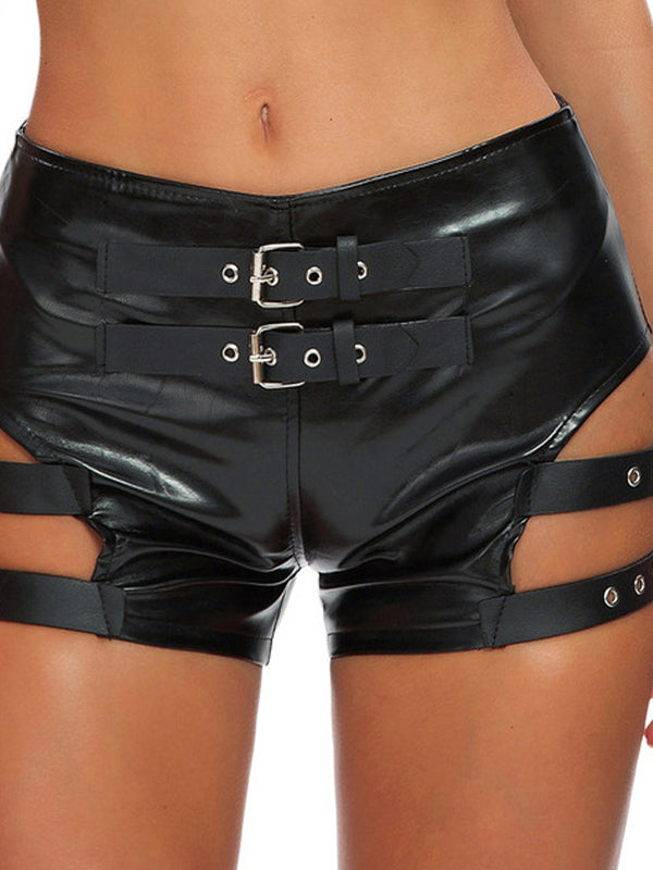 Sexy Faux Leather Hollow Out with Metal Booty Shorts