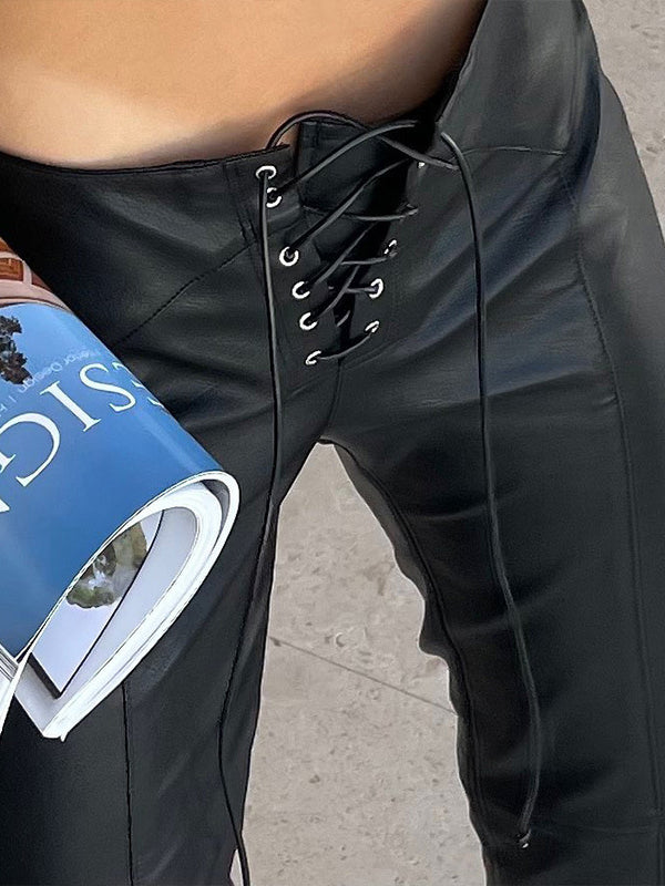 Sexy Faux Leather Push Up Design Lace-up Split Leggings