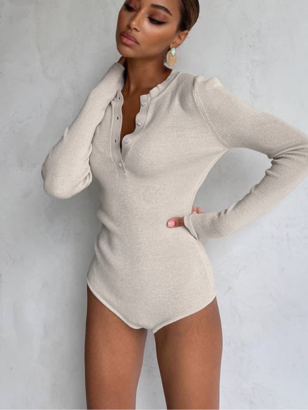 Fashion Crew Neck Button-Detailed Slim-Fit Knit Long-Sleeve Bodysuit