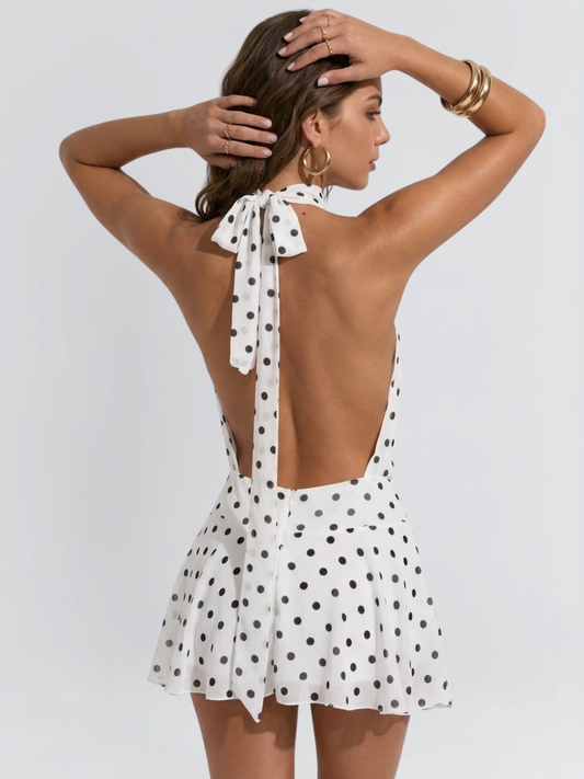 Polka Dot Halter Backless Beach One-Piece Mini Dress