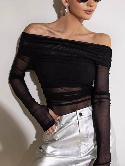 Sexy Strapless Sheer Mesh Long Sleeve Bodysuit