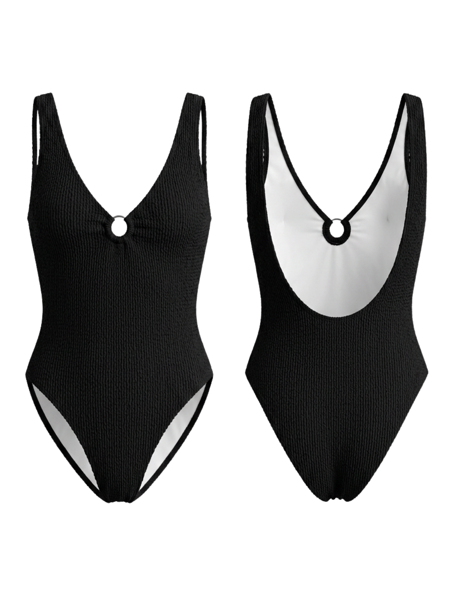 Black Crinkle Textured One-Piece Swimsuit with Ring Detail & Deep V-Neck
